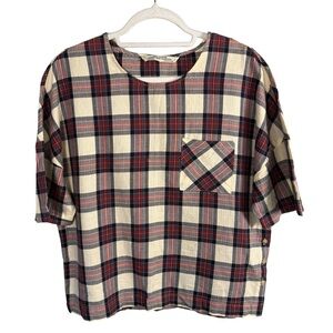 Zara Red, Black, and Cream Plaid Short Sleeve Shirt Size XS Classic Minimalist